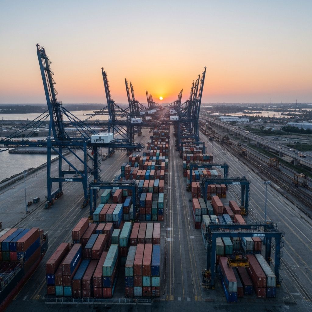 Aerial view of a massive American container port at dusk, with towering ship-to-shore gantry cranes loading a stacked container ship and thousands of containers stretching to the horizon.